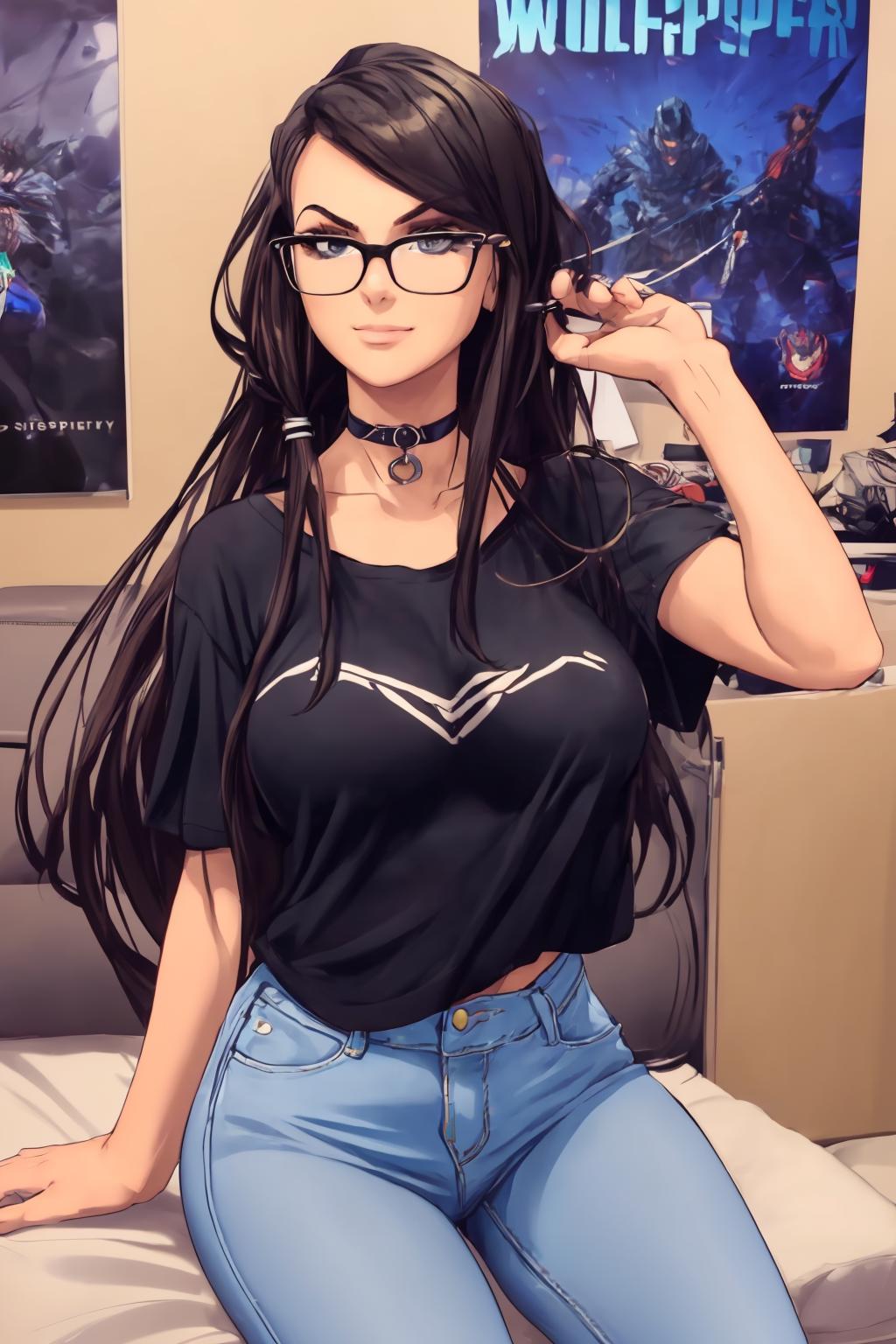 Woman Sssniperwolf With Glasses And Choker Necklace And Black Tshirt And Jeans Sitting In A Woman Sssniperwolf With Glasses And Choker Necklace And Black Tshirt And Jeans Sitting In A